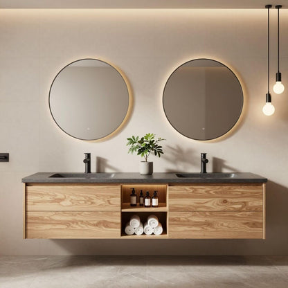 60”-84”Double Sink Floating Bathroom Vanity with LED Round Mirrors, Light Wood Cabinet & Stone Top