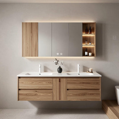 60”-96” Light Wood Floating Bathroom Vanity with Double Sinks & LED Lighted Mirror Cabinet