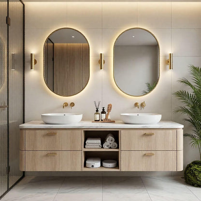 60"-96"Modern Wall-Mounted Vanity with Marble Top & Gold Hardware & Open Shelf