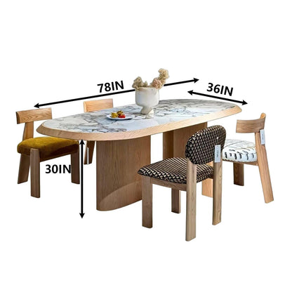 62"-78"Modern Oval Dining Table with Marble Top & Light Wood Base for 6-8 People