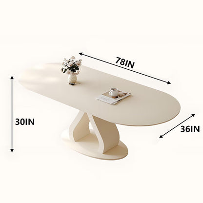 62"-78“Modern Cream White Oval Dining Table with Unique Sculptural Base for 4-6