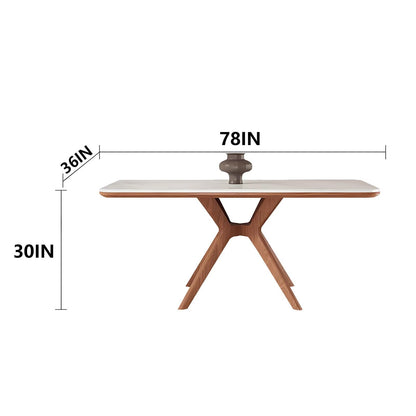62“-78”Minimalist Scandinavian Dining Table, White Veined Top with Natural Wood Frame