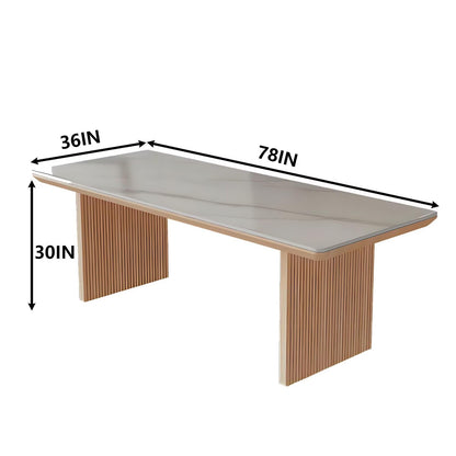 62"-78"Modern Dining Table with Marble Top & Light Wood Fluted Base for 6-8 People