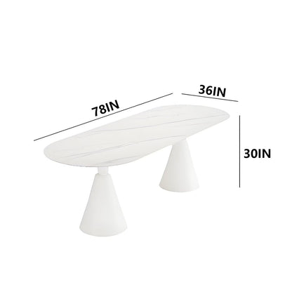 62"-78"Modern Oval Dining Table with White Marble Top & Cream Cone Base for 6-8