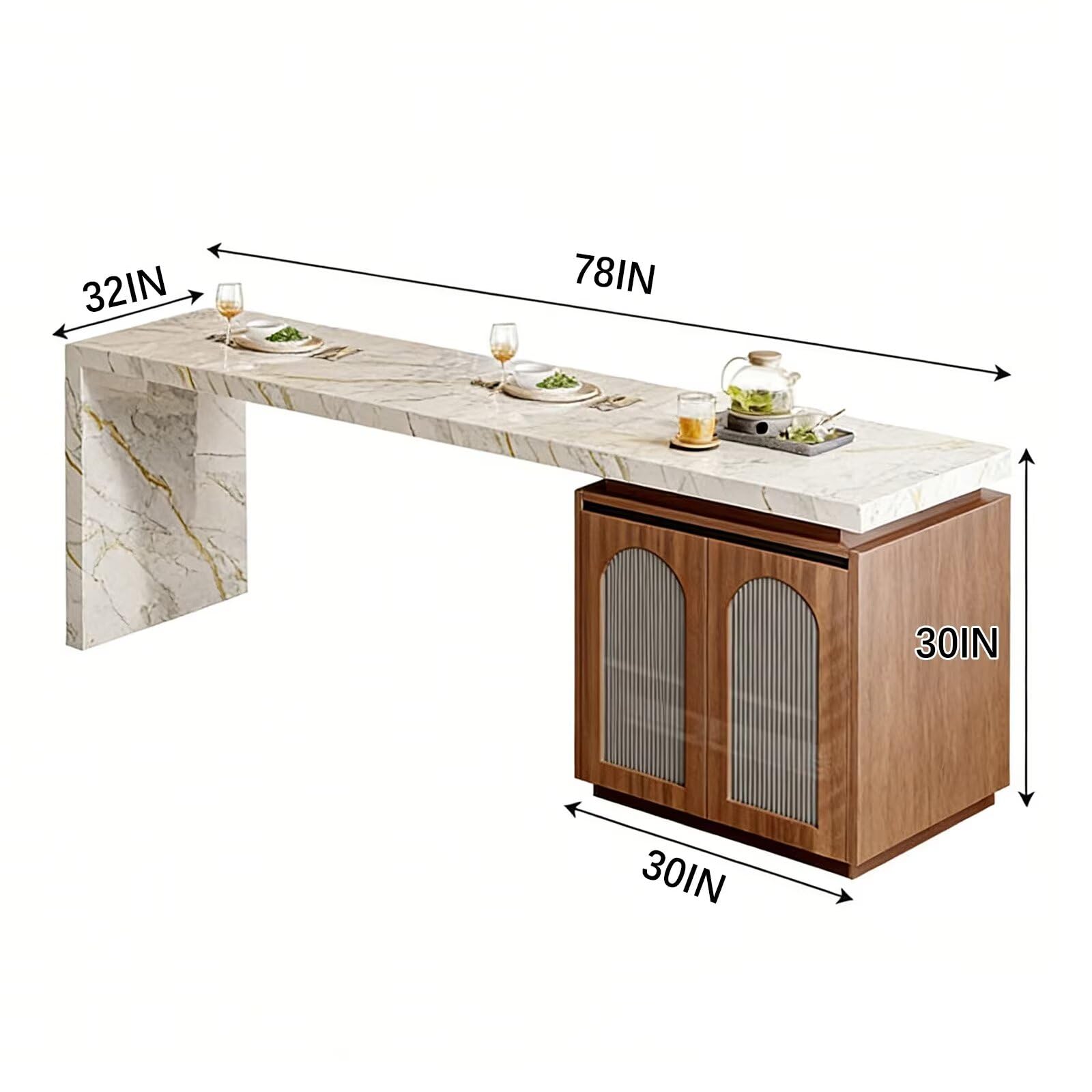 70"-78"Luxury Large Dining Table with Gold-Veined Marble Top & Side Storage Base