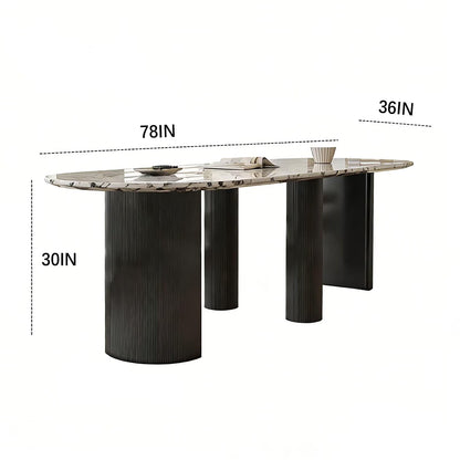 62"-78"Luxury Oval Dining Table with Veined Marble Top & Black Fluted Base for 8-10