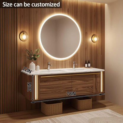 60"-84"Double Sink Floating Vanity with LED Round Mirror,Walnut Finish