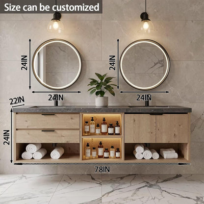 60”-84”Double Sink Floating Bathroom Vanity with LED Round Mirrors, Light Wood Cabinet & Stone Top