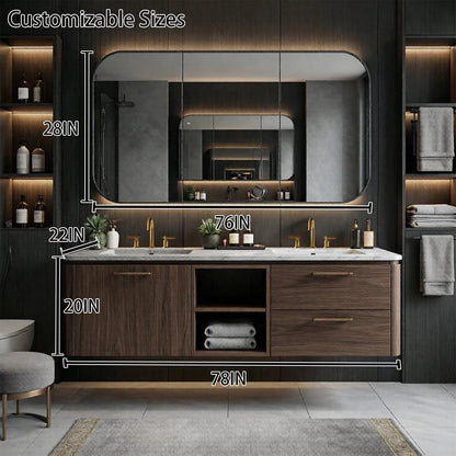60"-96"Walnut Floating Bathroom Vanity with Marble Top & LED Framed Mirror