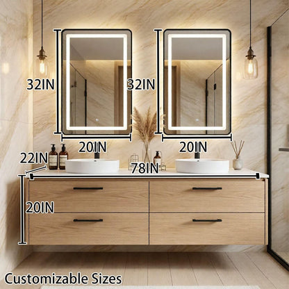 60"-96"Light Oak Floating Bathroom Vanity with Double Vessel Sinks & LED Mirrors