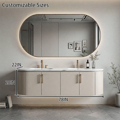60"-96"Modern Wall-Mounted Bathroom Vanity with Double Sinks & Gold Hardware