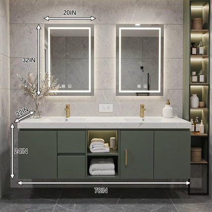 60”-96” Green Floating Bathroom Vanity with Double Sinks & LED Lighted Mirrors