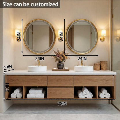 60”-84”Double Sink Bathroom Vanity Set with Round Mirrors,Wood Cabinet & White Stone Top