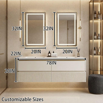 60"-96"Modern Wall-Mounted Vanity with Double Sinks & Gold Trim