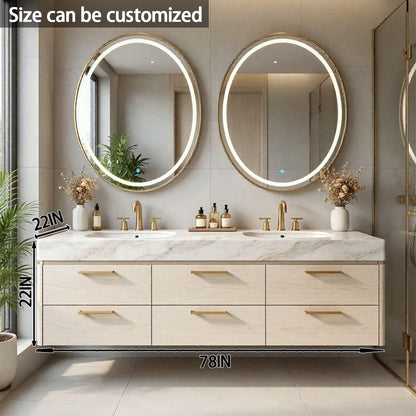 60"-84"Luxury Wall-Mounted Double Sink Vanity with LED Oval Mirrors & Gold Handles