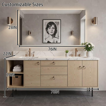 60"-96"Modern Light Oak Floating Bathroom Vanity with Double Sinks & Marble Top