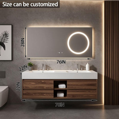 60"-84"Dark Walnut Floating Bathroom Vanity Set with LED Mirror & Open Shelves