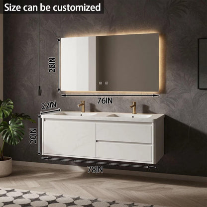 60"-78"Floating White Bathroom Vanity with Double Sinks & Backlit LED Mirror Cabinet