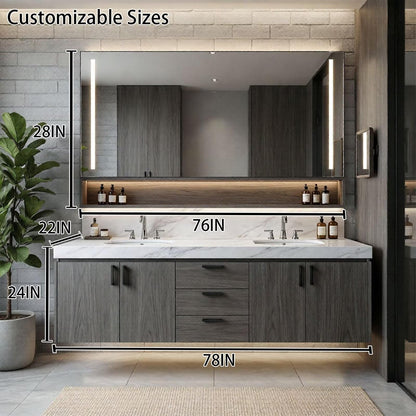 60"-96"Modern Wall-Mounted Bathroom Vanity with Double Sinks & Open Mirror Shelf