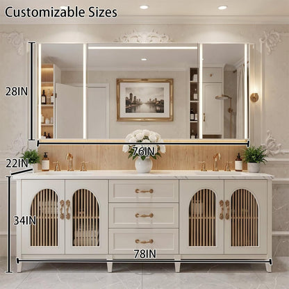 60"-96"Modern Farmhouse Bathroom Vanity, Light Wood Cabinet with Drawers & Arched Openings