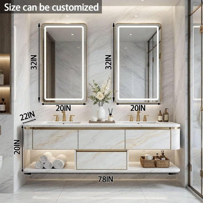 60”-84”Double Sink Bathroom Vanity with LED Lighted Mirrors, Marble Countertop & Gold Trim