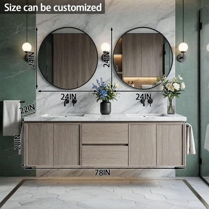 60"-84"Modern Floating Bathroom Vanity with Double Sinks & Round Black Framed Mirrors