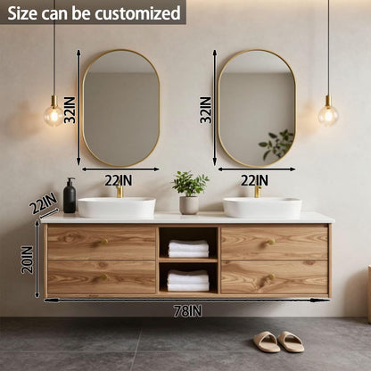 60"84"Modern Floating Oak Bathroom Vanity with Double Sinks & Gold Framed Oval Mirrors