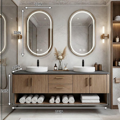 60”-96”Oak Floating Double Sink Vanity with LED Oval Mirrors & Open Storage