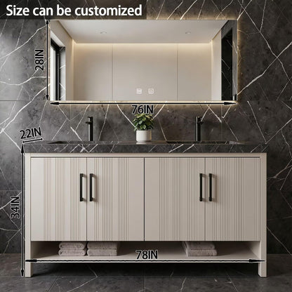 60”-78” Double Vanity, Fluted Panel Cabinet with LED Backlit Mirror, Light Gray