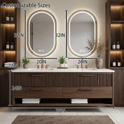 60"-96"Walnut Fluted Bathroom Vanity with Double Sinks & LED Gold Oval Mirrors