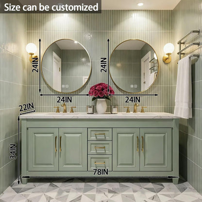 60”-96”Double Sink Bathroom Vanity with Gold Round Mirrors, Sage Green Cabinet & Marble Top