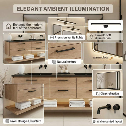 60"-84"Light Oak Floating Bathroom Vanity Set with Black Countertop & Handles