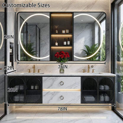 60"-96"Marble Floating Bathroom Vanity with LED Mirrors & Black Fluted Glass Doors