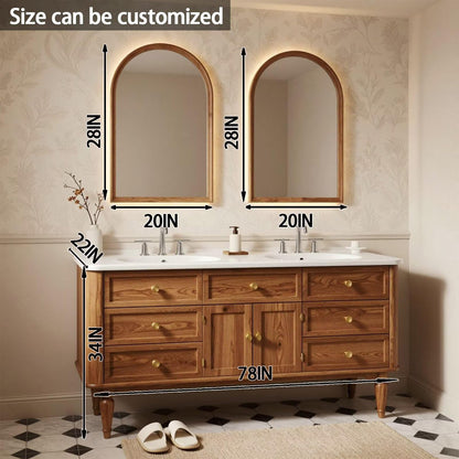 60"-96"Vintage Style Double Sink Bathroom Vanity with Gold Knobs & Storage Cabinet
