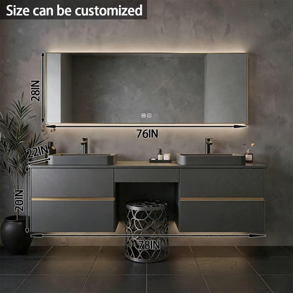 60"-84"Floating Dark Gray Bathroom Vanity with Double Vessel Sinks & LED Mirror