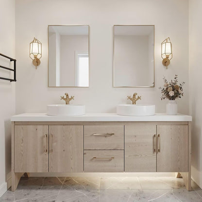 60"-96"Light Oak Bathroom Vanity with Double Vessel Sinks & Gold Hardware