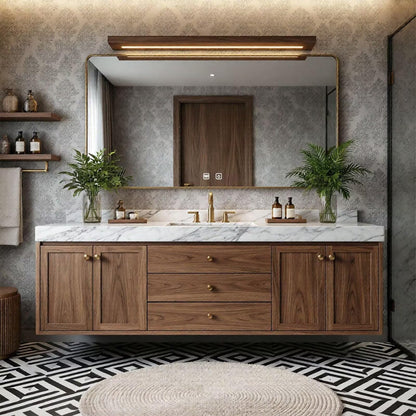 60"-96"Modern Wood Floating Vanity with Marble Countertop & LED Bathroom Mirror