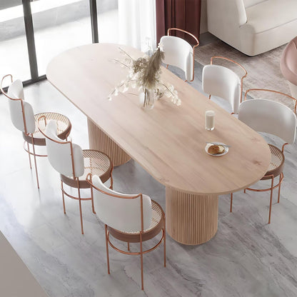 62"-78"Modern Light Wood Oval Dining Table with Fluted Pedestal Base for 6-8