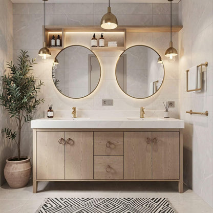 60"-96"Light Oak Double Sink Bathroom Vanity with Stone Top & Soft-Close Storage
