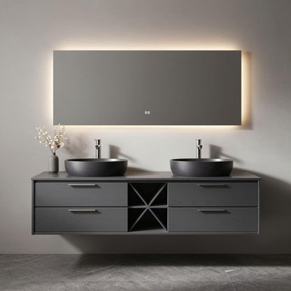 60"-96"Dark Gray Floating Bathroom Vanity with Double Vessel Sinks & Open Storage