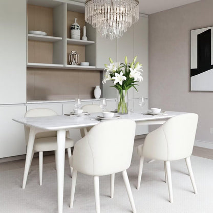 63"-79"Modern White Dining Table, Marble Top with Matching White Tapered Legs