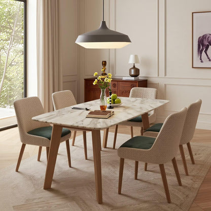 63"-79"White Marble Dining Table with Wood Legs, Modern Rectangular Mid-Century Kitchen Table