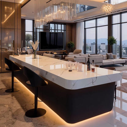 63"-79"White Marble Kitchen Island Bar with LED Lighting, Modern Counter with Rounded Corners
