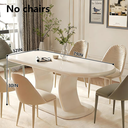 62"-78"Cream White Oval Dining Table, Modern Glossy Finish Table for 6 People