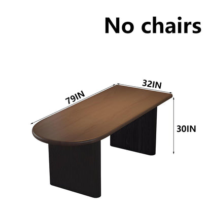63"-79"Retro Wood Dining Table, Oval Walnut Top with Black Ribbed Base