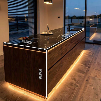63“-79”Black Marble Kitchen Island with Wood Cabinet & LED Lighting, Modern Kitchen Counter