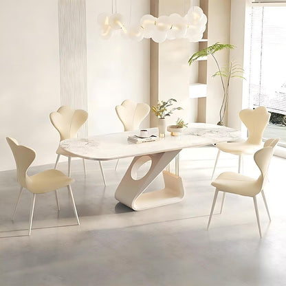 63"-79"Luxury Cream Dining Table, White Marble Top with Sculptural Base for 6 People
