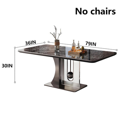 63"-79"Contemporary Statement Dining Table, Glossy Dark Marble Top with Sculptural Metal Leg