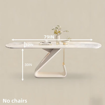 63"-79"Luxury Cream Dining Table, White Marble Top with Sculptural Base for 6 People
