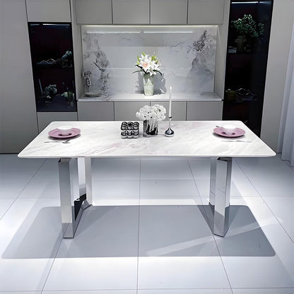 63"-79"Luxury Rectangular Marble Dining Table, Contemporary White Kitchen Table with Sleek Stainless Steel Base